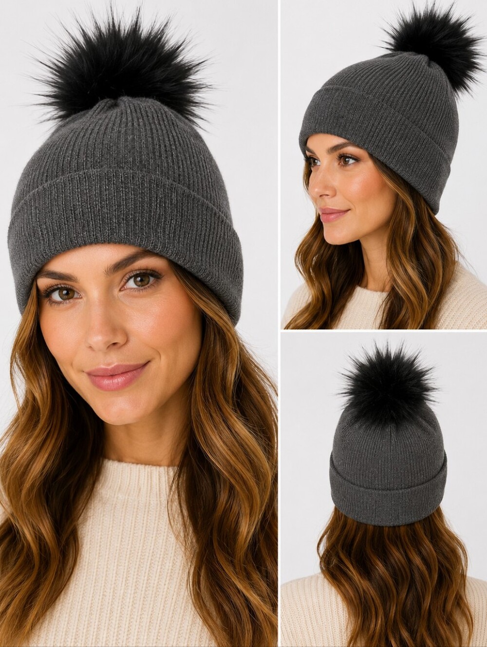SASSO‎ SMYTH Charcoal Ribbed Cashmere Blend Beanie Pom Pom One Size OS